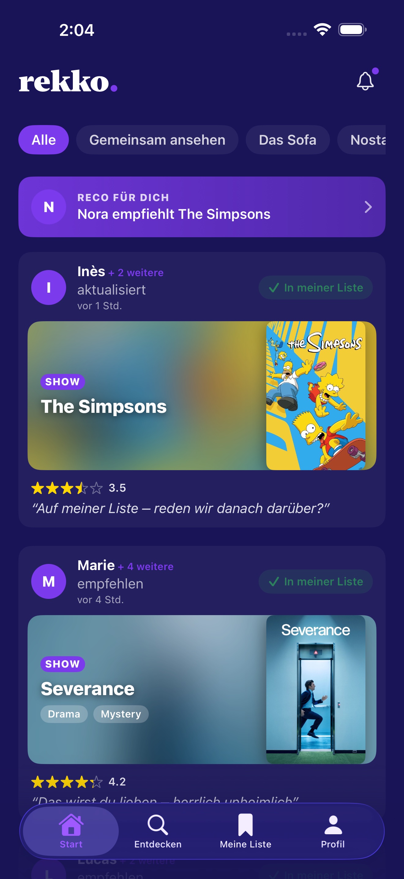Startseite mit Empfehlungen und Status-Updates von Kreismitgliedern