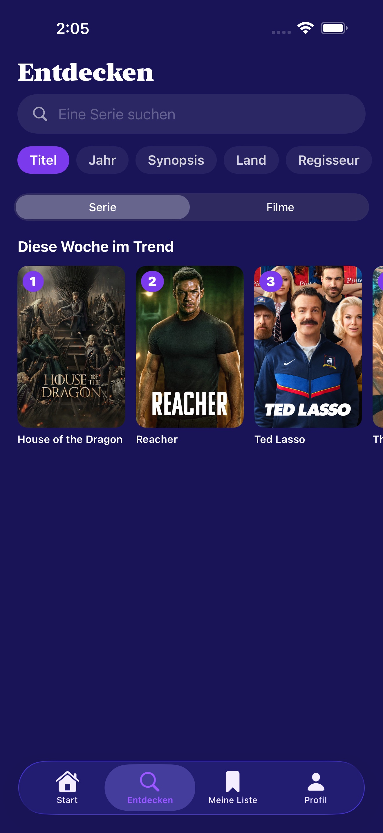 Entdeckungsansicht mit wöchentlich trendenden TV-Sendungen und meistbewerteten Inhalten in deinem Kreis