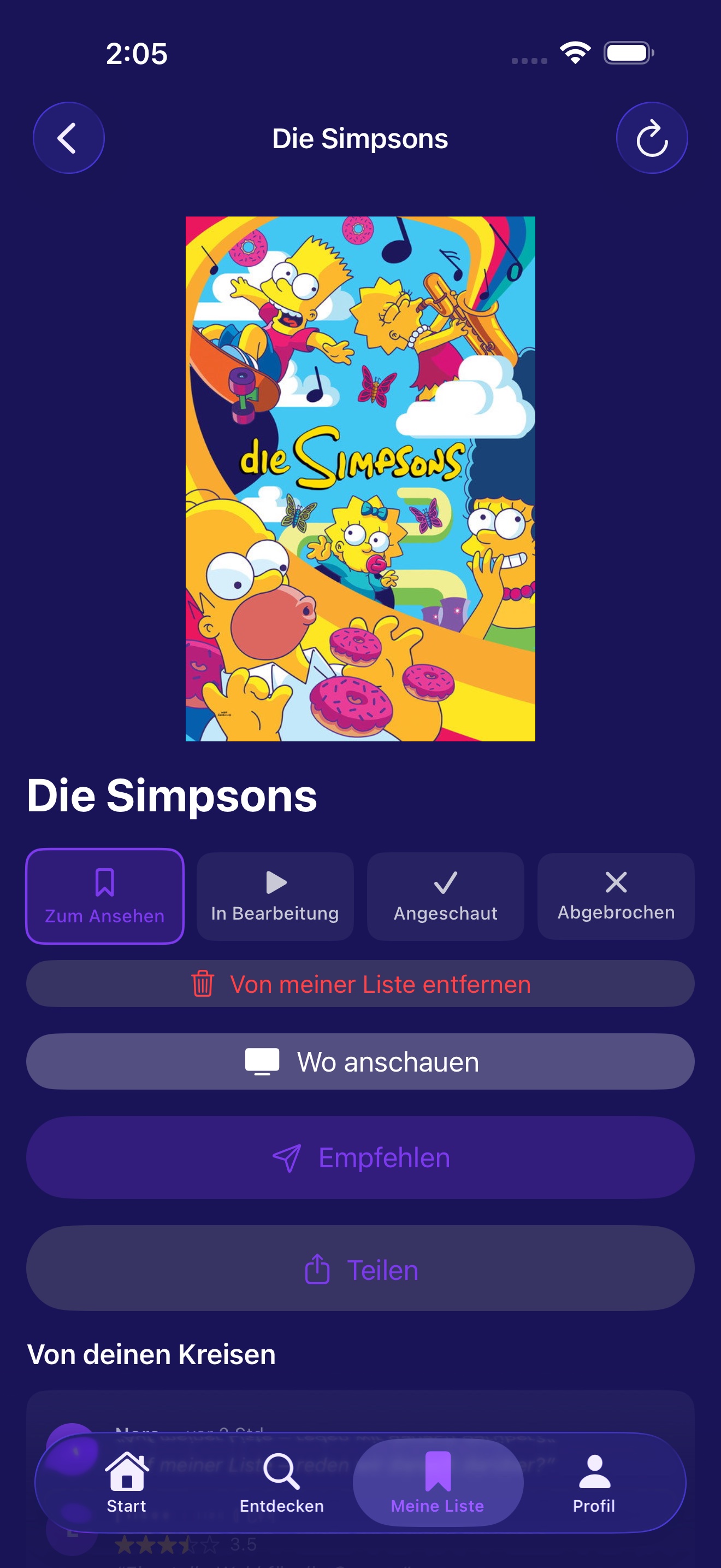 Detailseite einer TV-Serie mit Status-Pills und Schaltfläche „Wo ansehen“