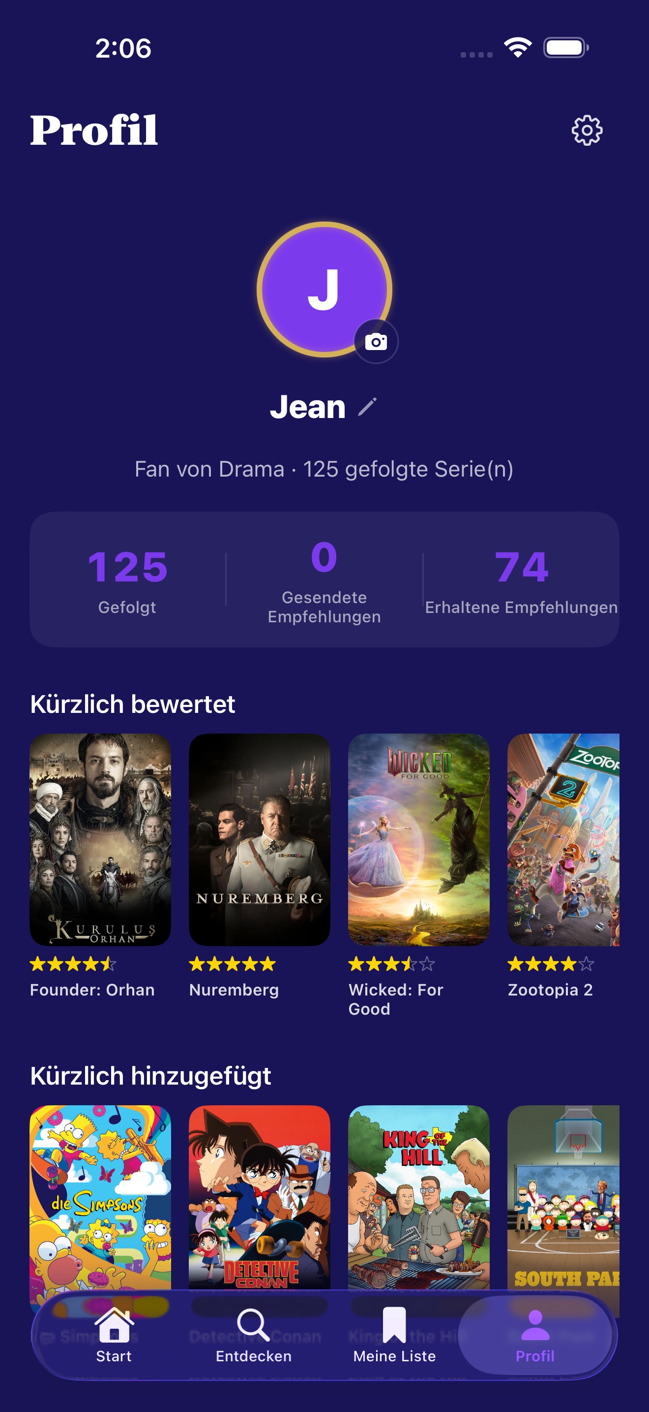Profilbildschirm mit Avatar, Statistiken und Kreisliste