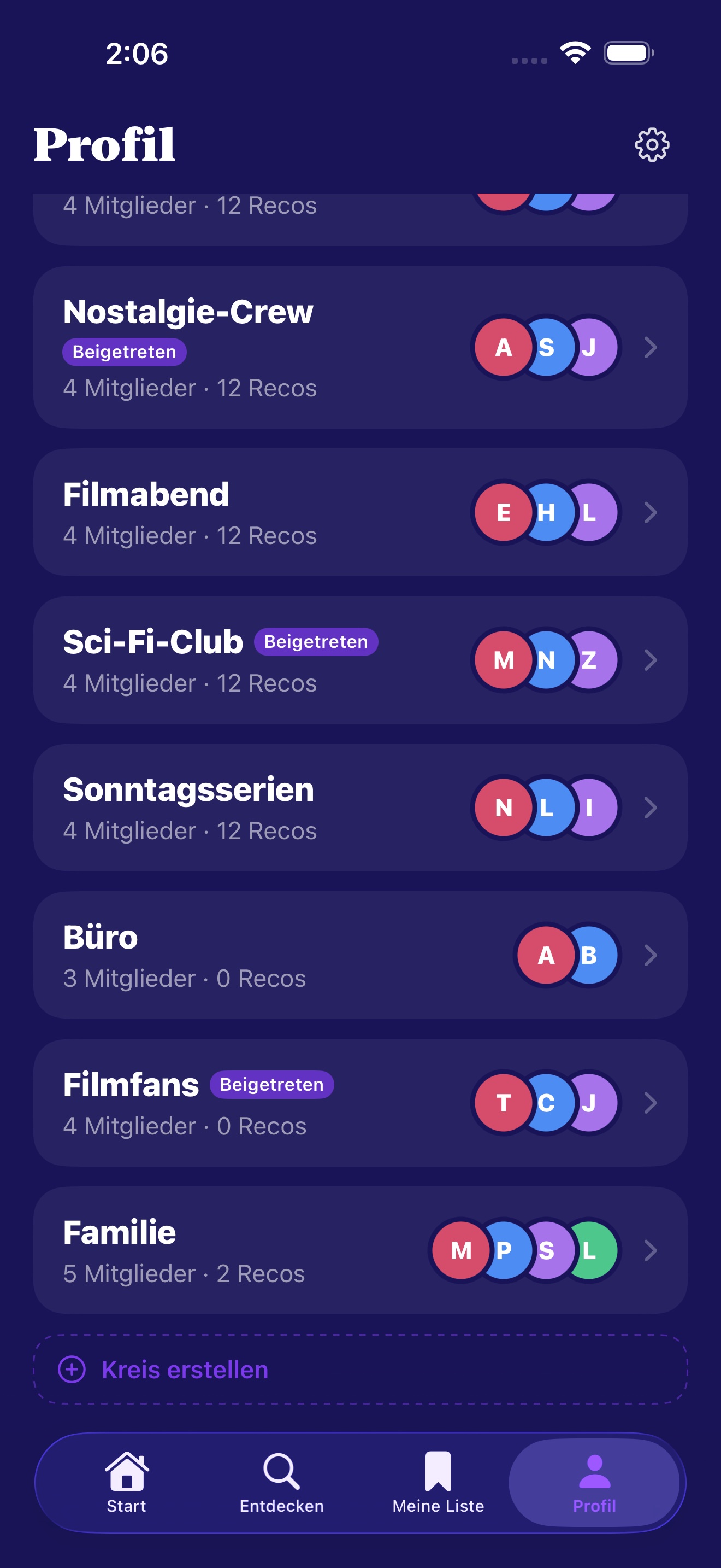 Kreisdetailansicht mit Mitgliedern und gemeinsamer Aktivität