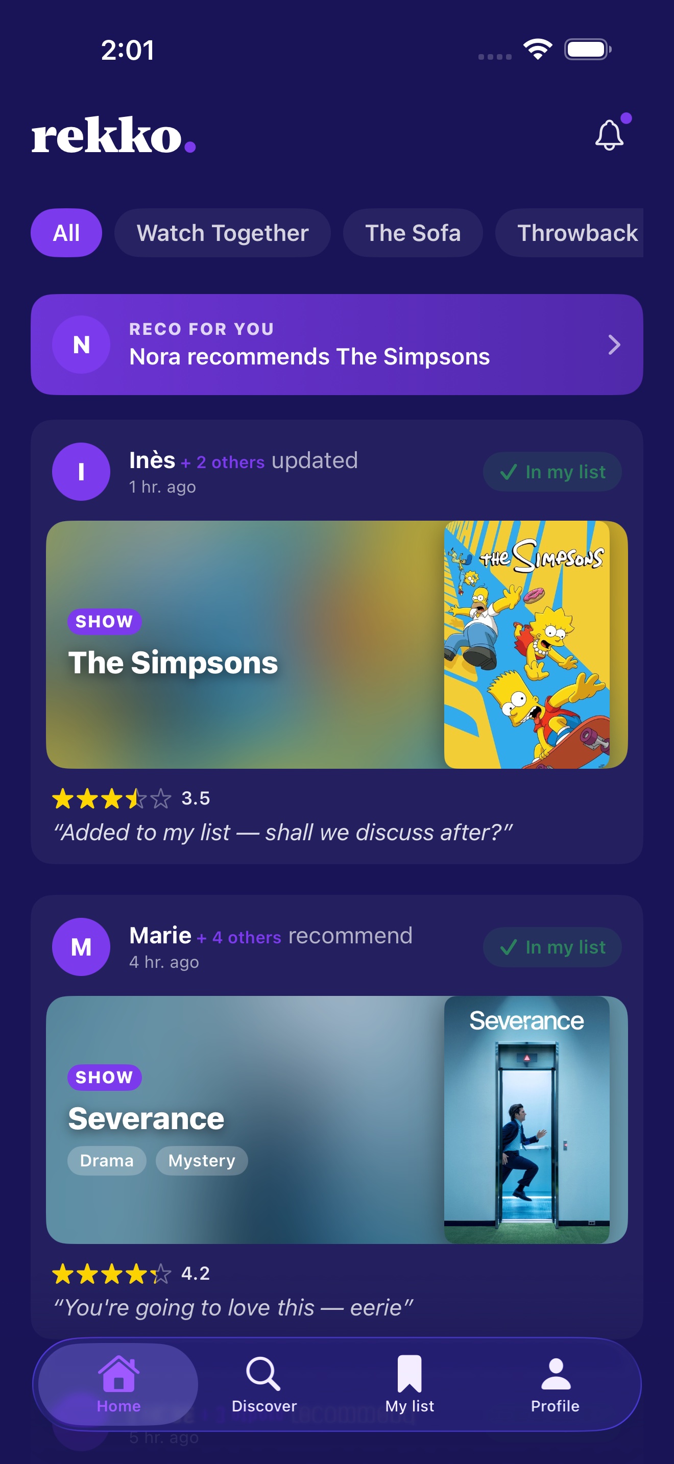 Home feed showing recommendations and status updates from circle members