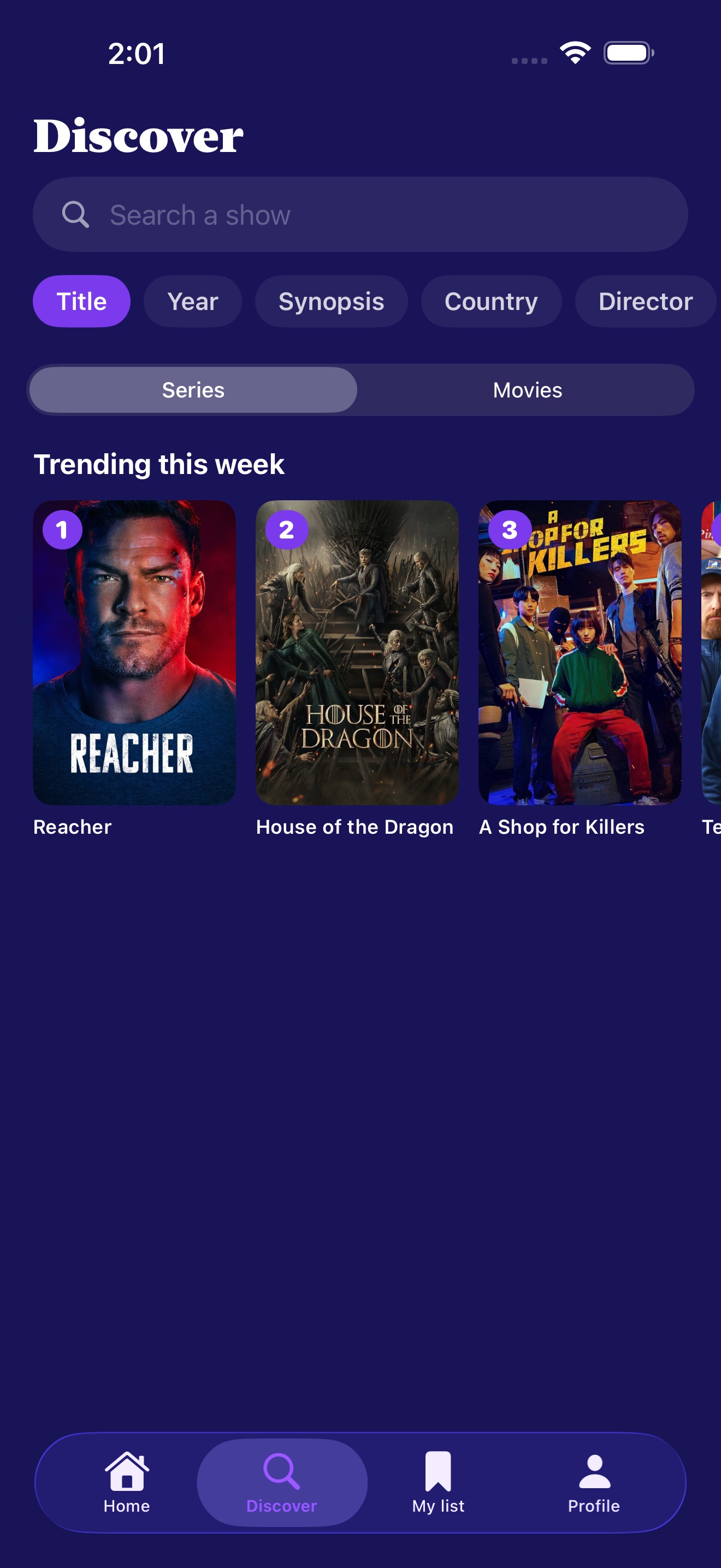 Discover view with weekly trending TV and most rated in your circle