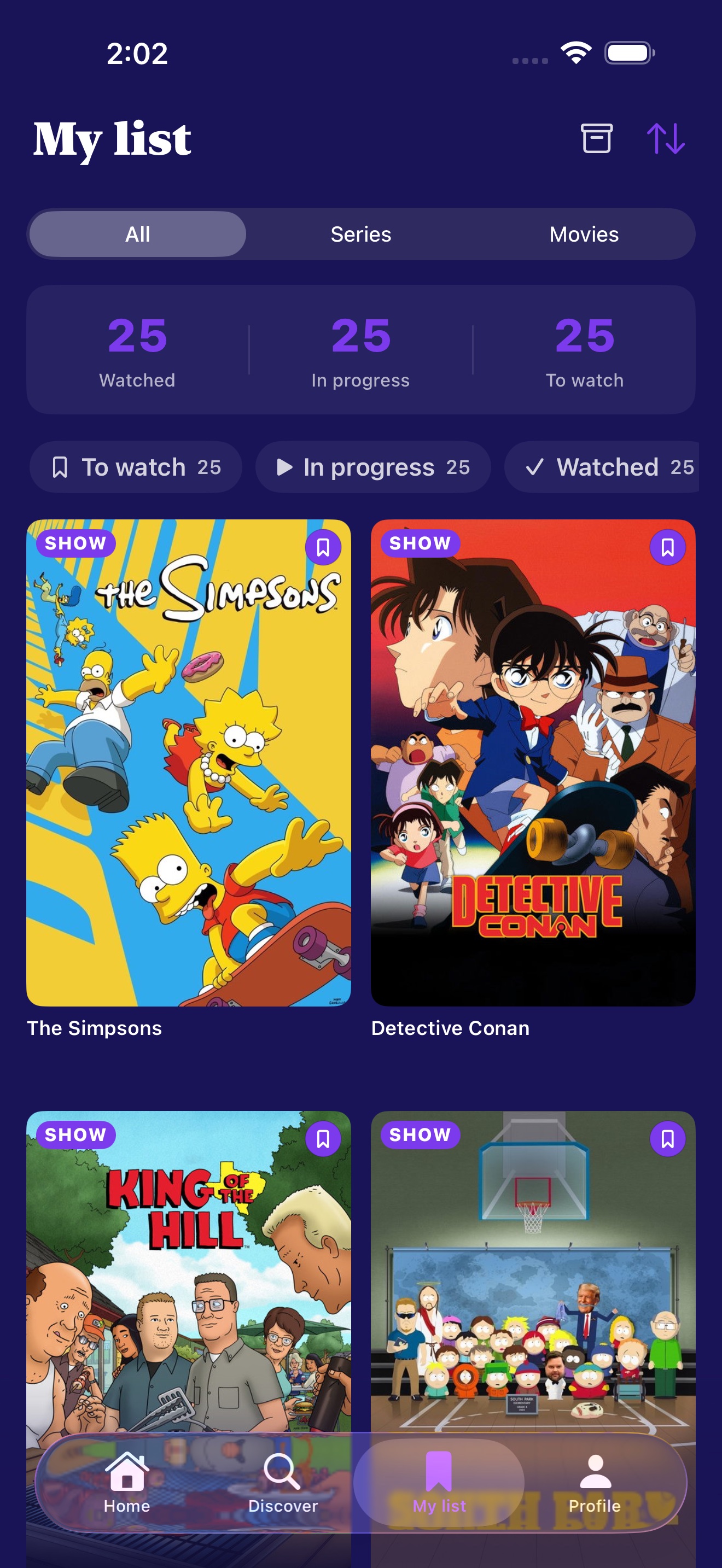My list with watched, in progress, to watch, and dropped statuses