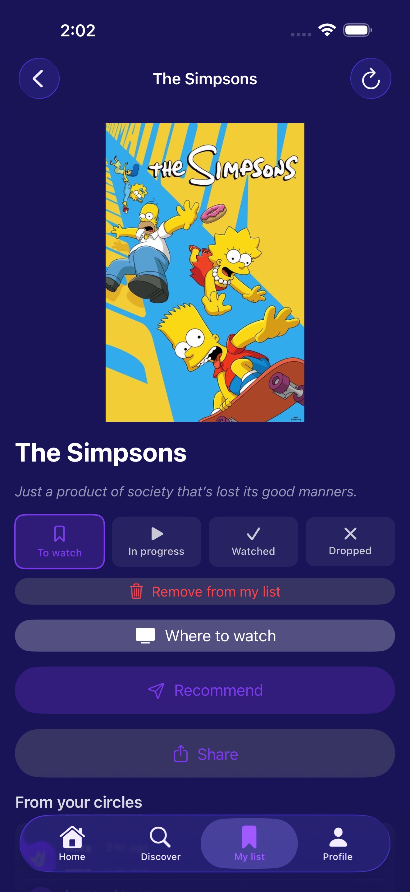 Show detail page for a TV series with status pills and Where to watch button
