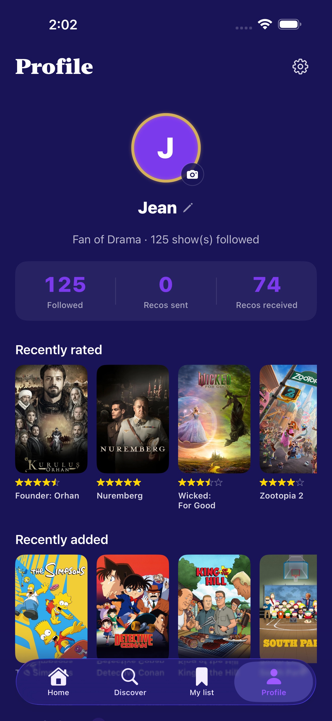 Profile screen with avatar, stats, and circles list