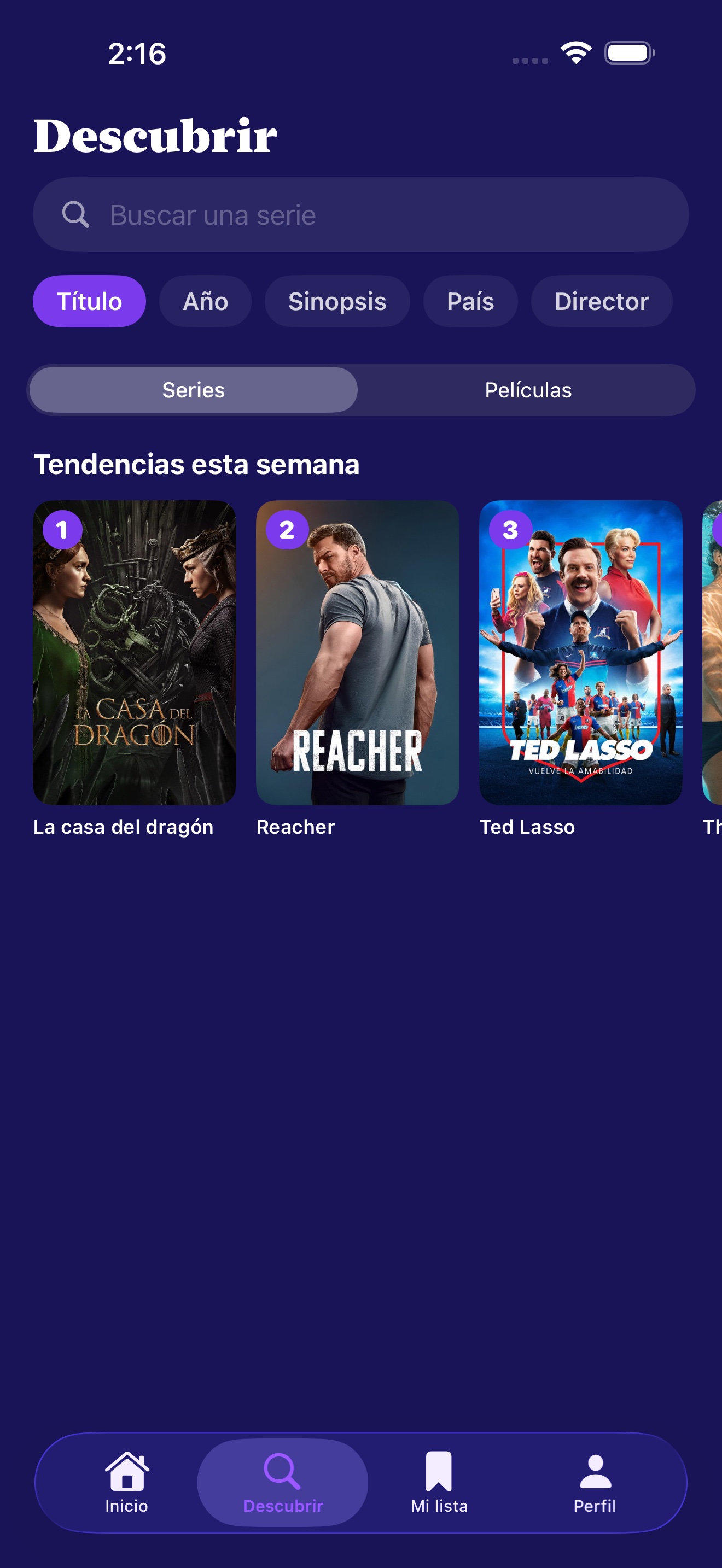 Vista Descubrir con series de TV en tendencia semanal y las mejor valoradas en tu círculo