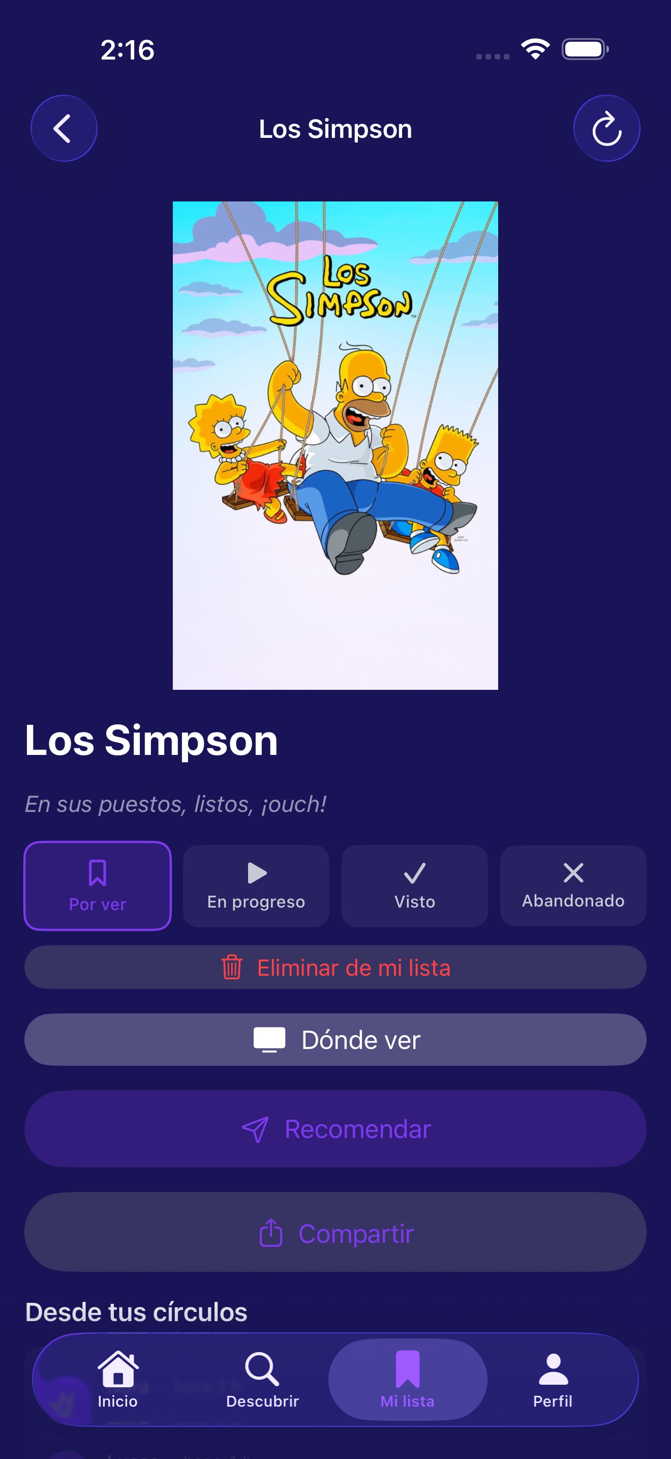 Página de detalle de una serie de TV con etiquetas de estado y botón de Dónde ver