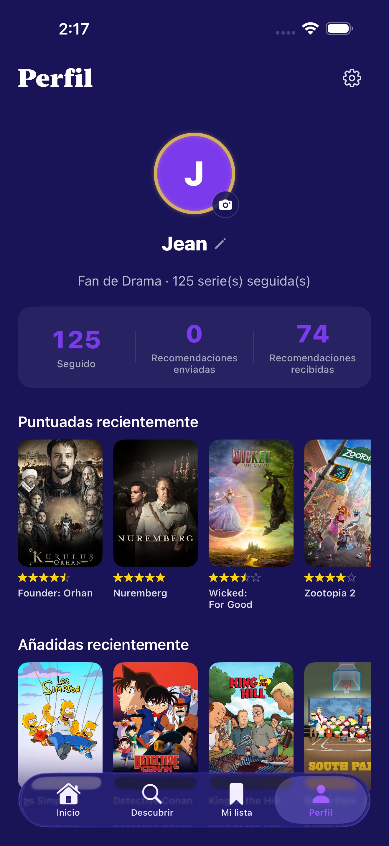 Pantalla de perfil con avatar, estadísticas y lista de círculos