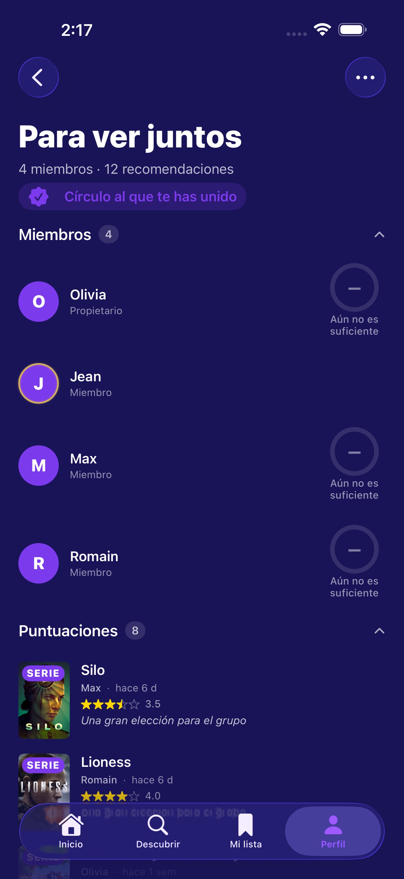 Detalle del círculo que muestra miembros y actividad compartida