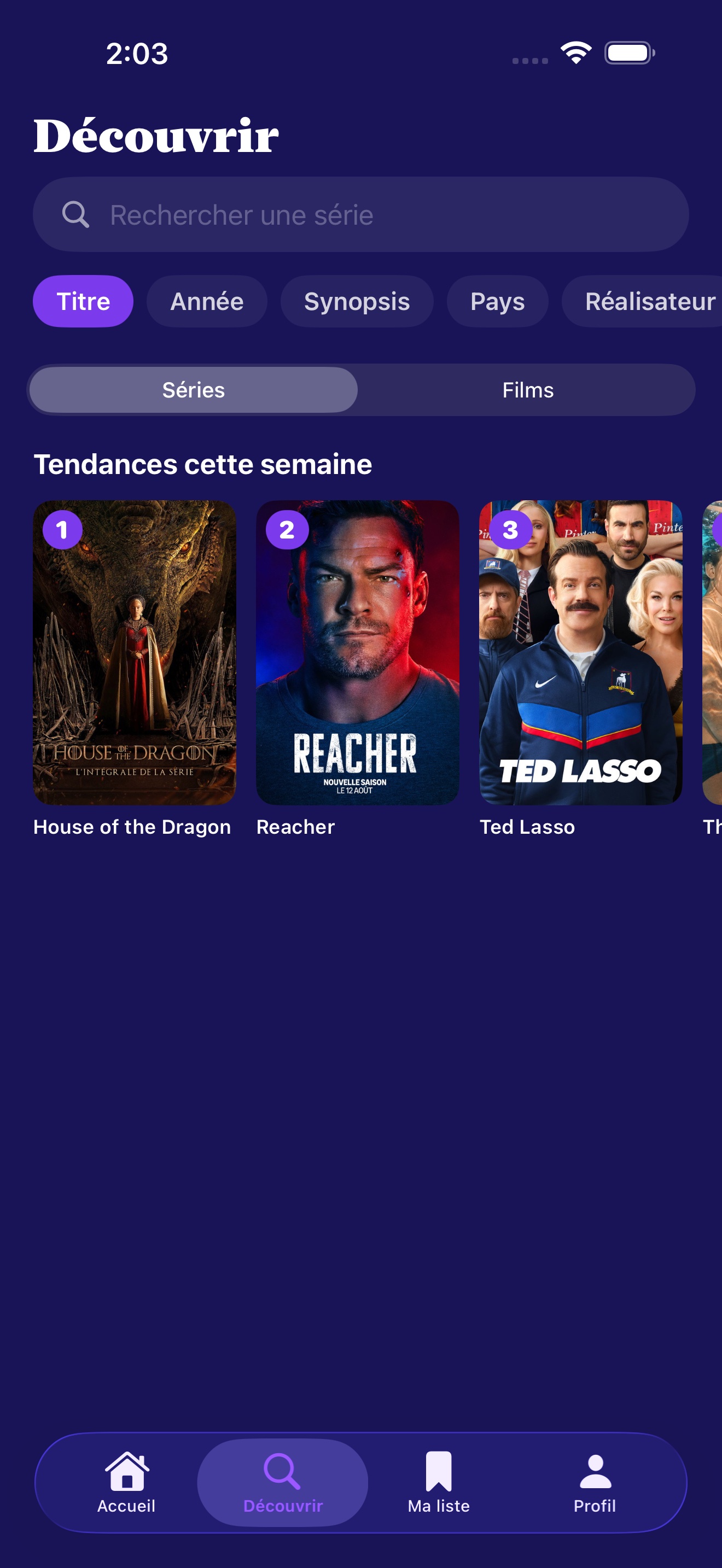 Vue Découvrir avec les tendances hebdomadaires et les titres les plus notés dans votre cercle