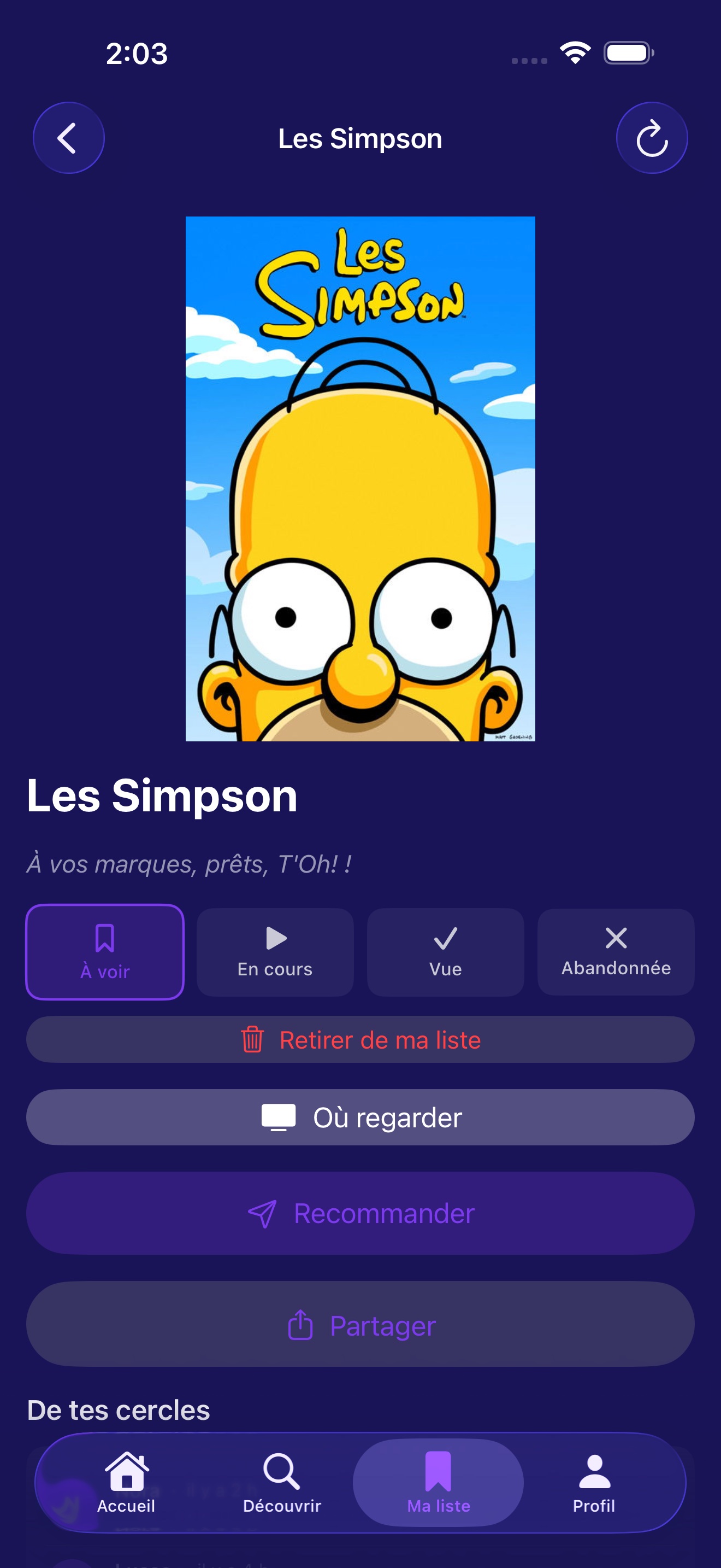 Fiche détaillée d'une série avec les pastilles de statut et le bouton Où regarder