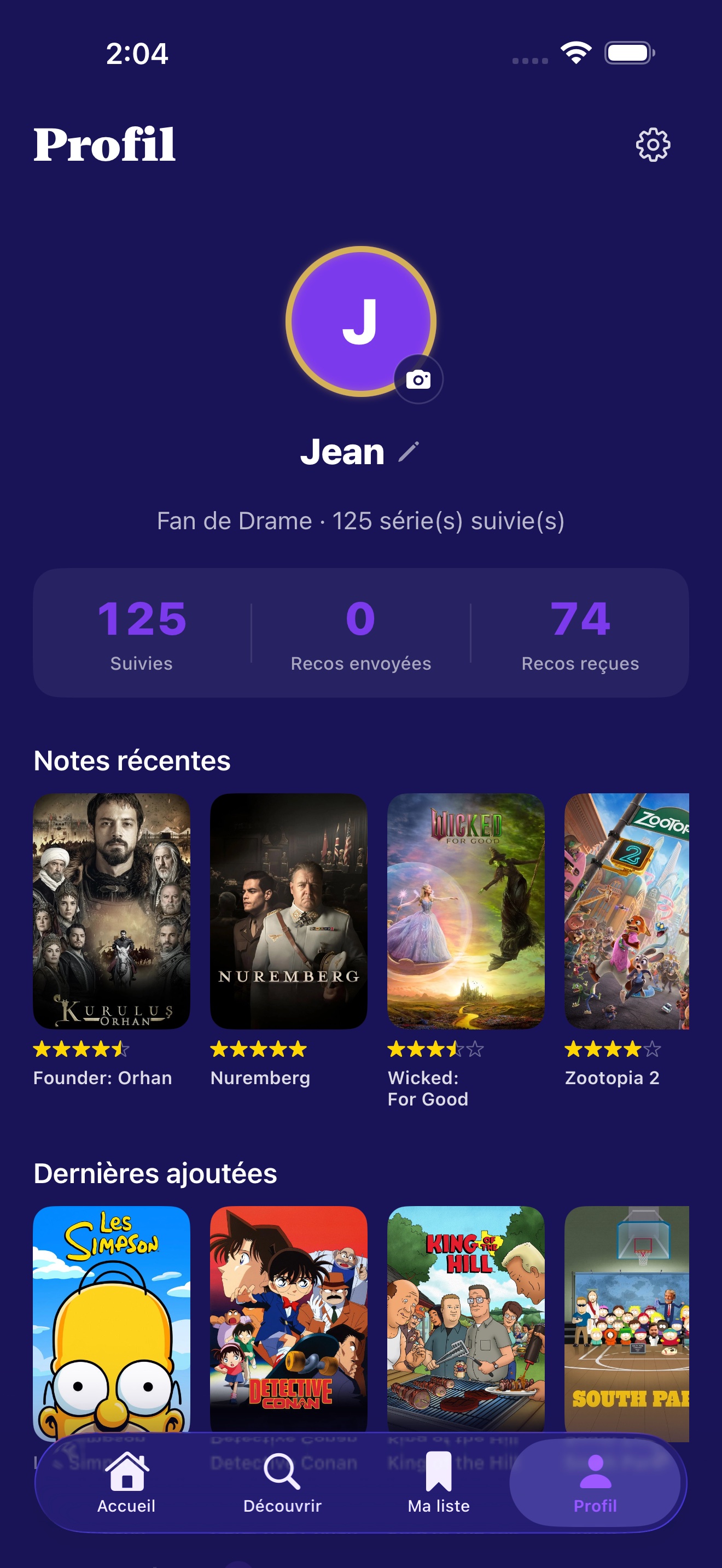 Écran profil avec l'avatar, les statistiques et la liste des cercles