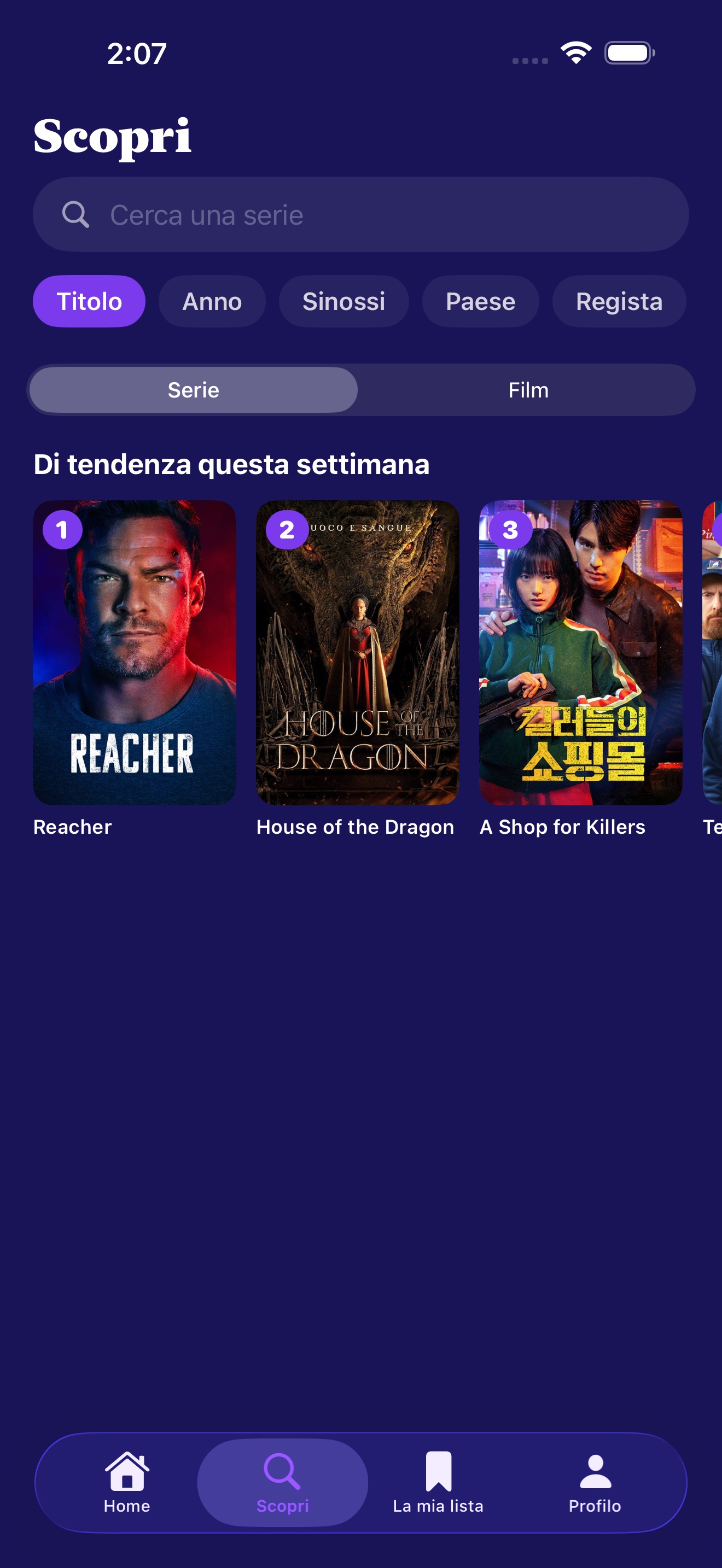 Vista Scopri con le serie TV in tendenza settimanale e le più votate nel tuo cerchio