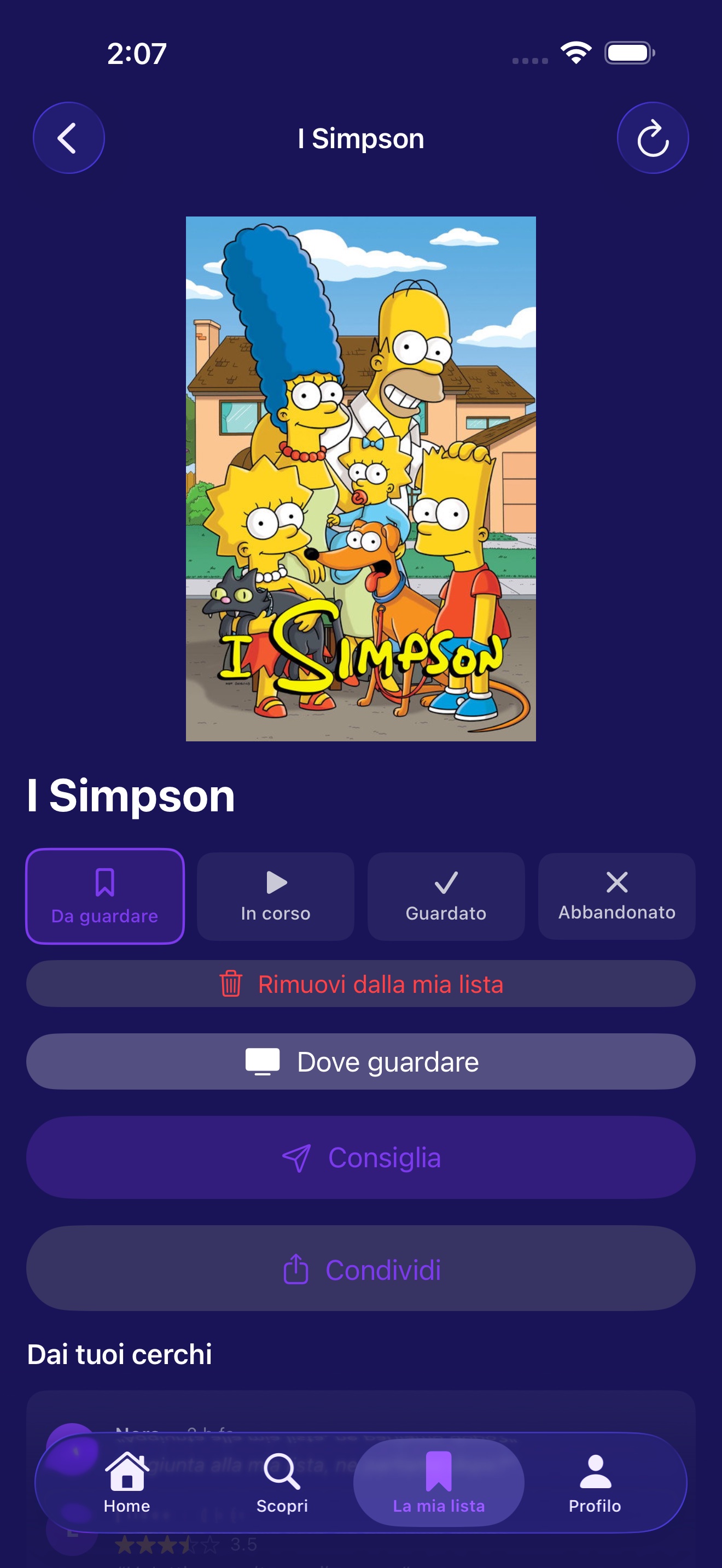 Mostra la pagina dei dettagli di una serie TV con badge dello stato e pulsante Dove guardare