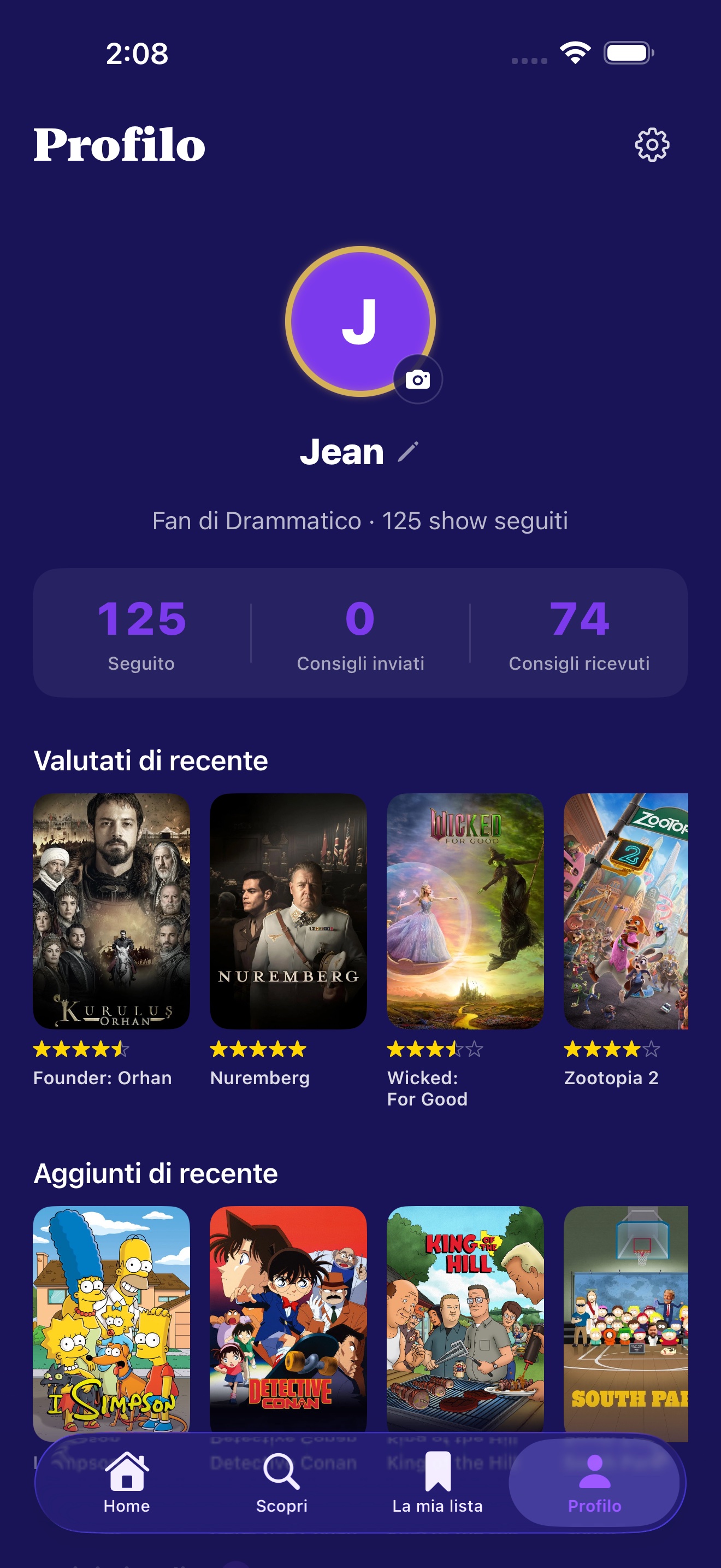 Schermata del profilo con avatar, statistiche e elenco a cerchi