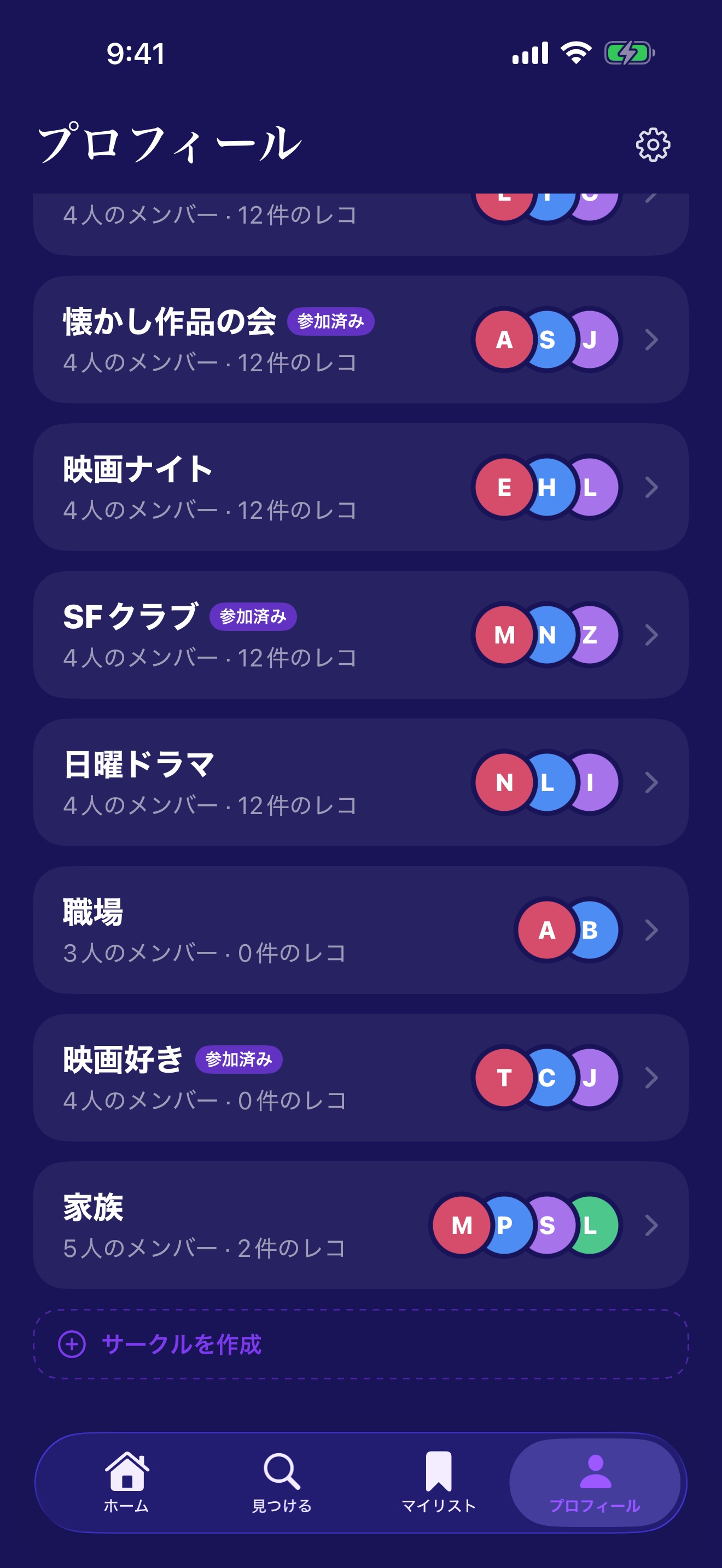 メンバーと共有アクティビティを表示するサークル詳細