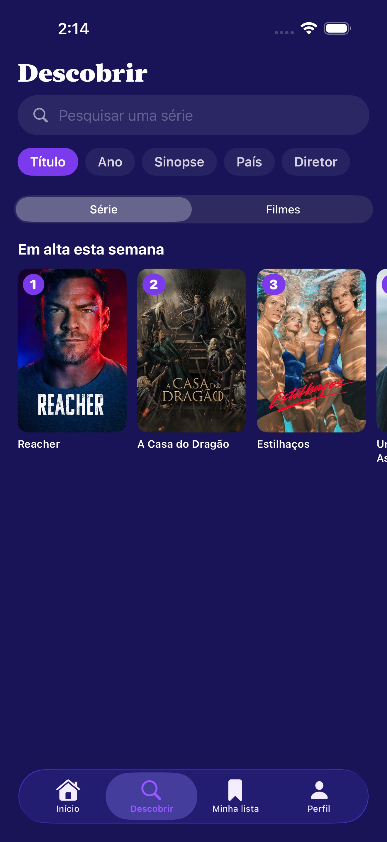 Visualização de descoberta com séries em alta semanalmente e mais bem avaliadas no seu círculo
