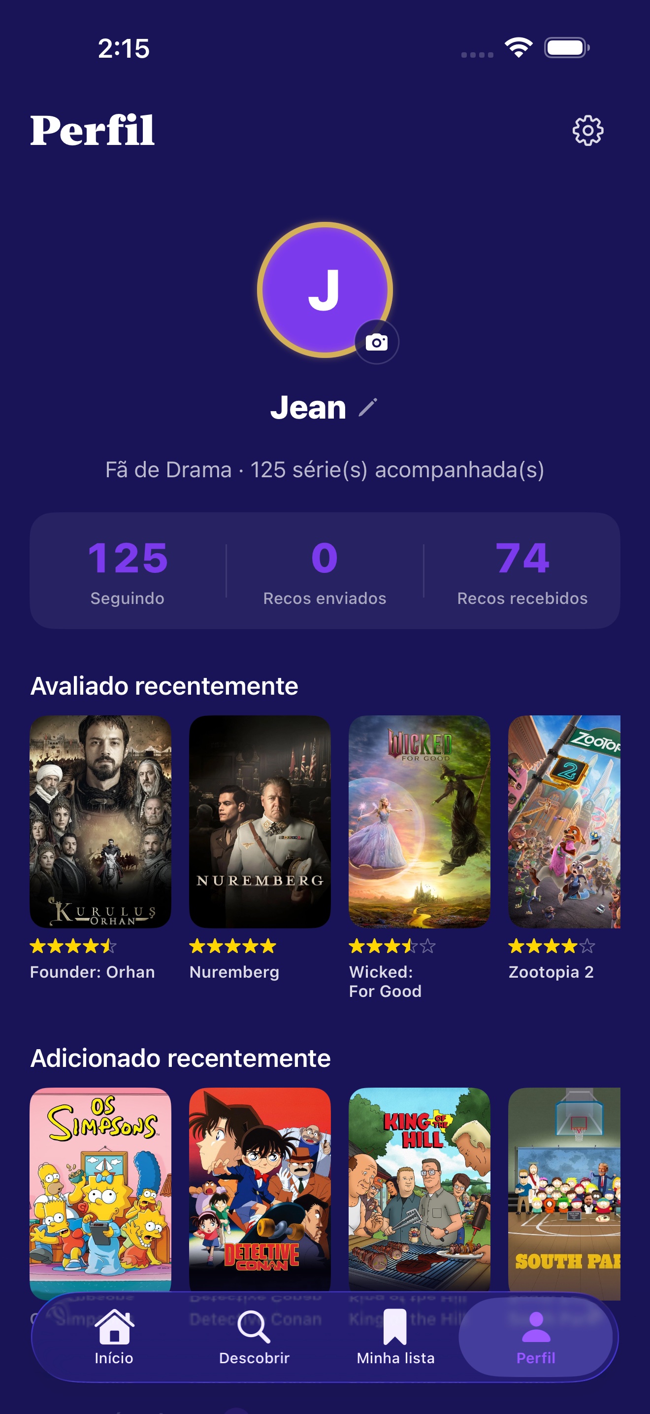 Tela de perfil com avatar, estatísticas e lista de círculos