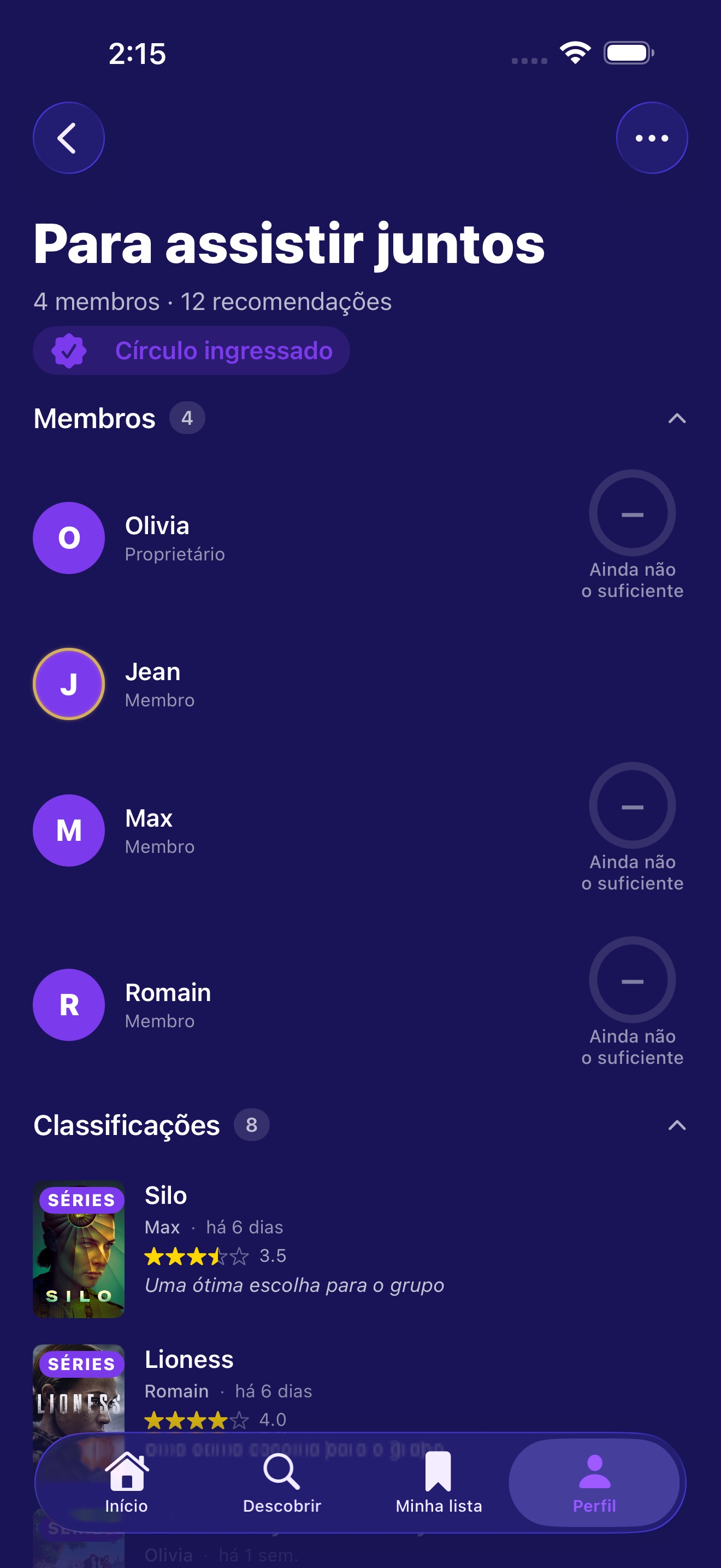 Detalhes do círculo mostrando membros e atividade compartilhada